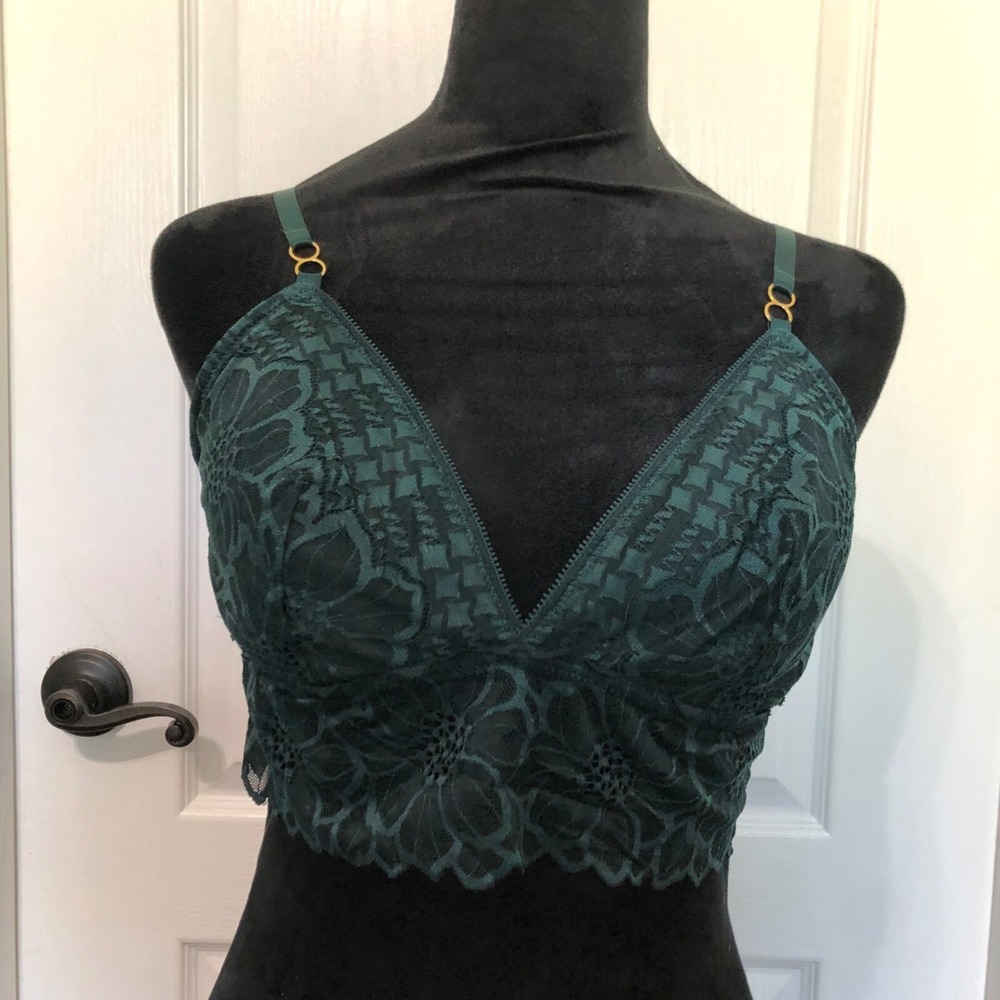 Aerie Emerald Green Floral Lace Longline Bralette V-Neck Adjustable Straps L NEW